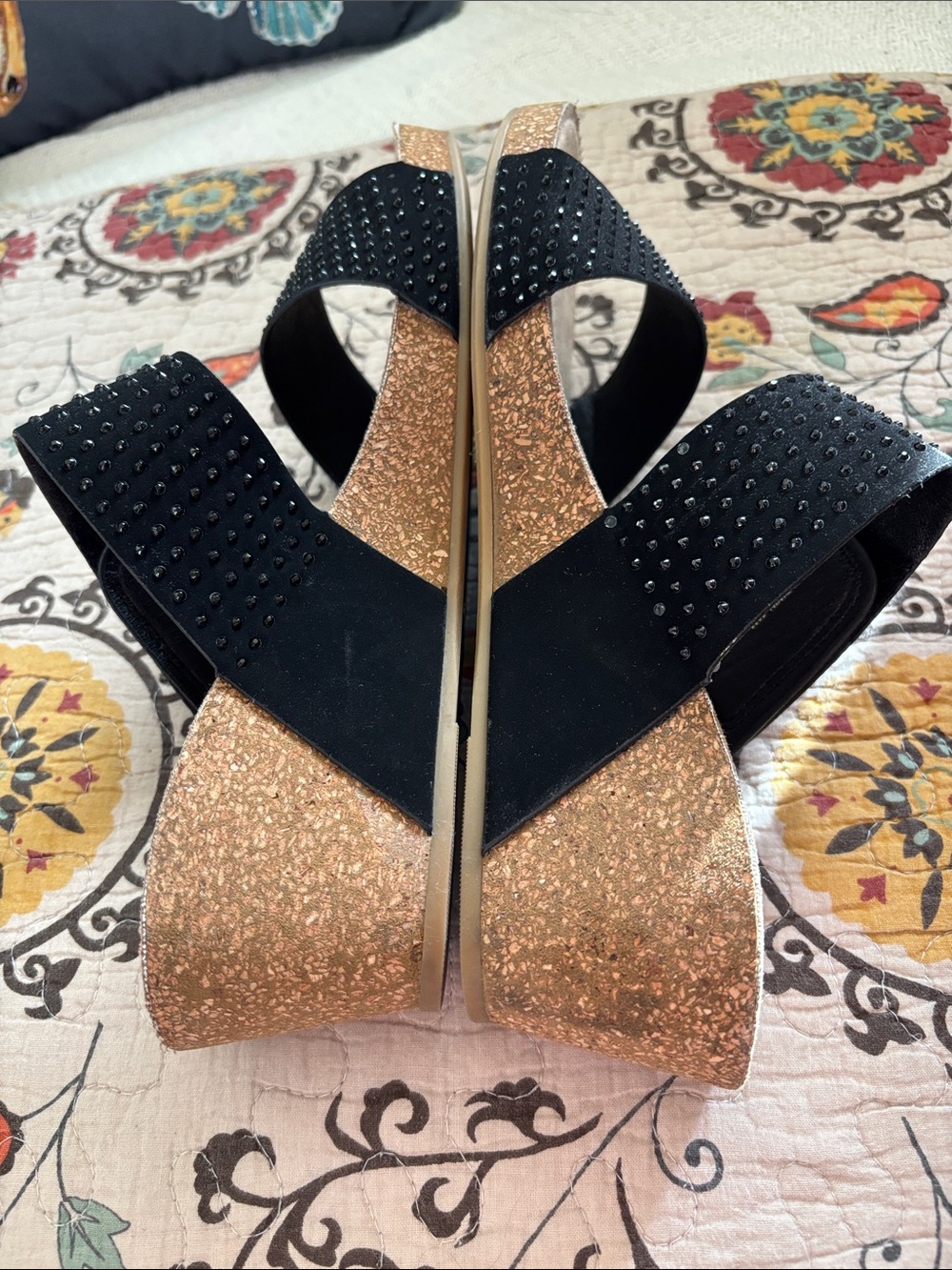 Cork Wedge Black Rhinestone Covered Double Strap Slide Sandals Size 11M - Picture 8 of 16